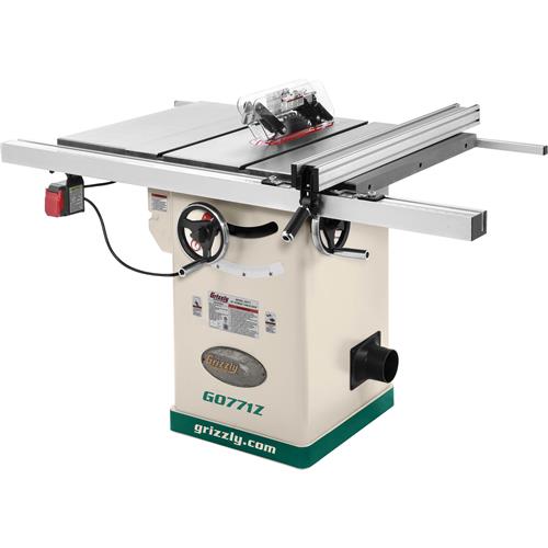 Front view of the G0771Z Grizzly hybrid table saw showing both hand wheels and the power switch