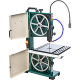 The Grizzly G0803Z 9" benchtop bandsaw with the doors open showing the belt and wheels assembly.