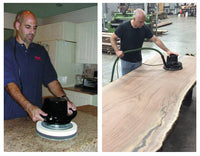 Two separate images of men sanding solid surfaces and slabs with the 11 inch orbital sander