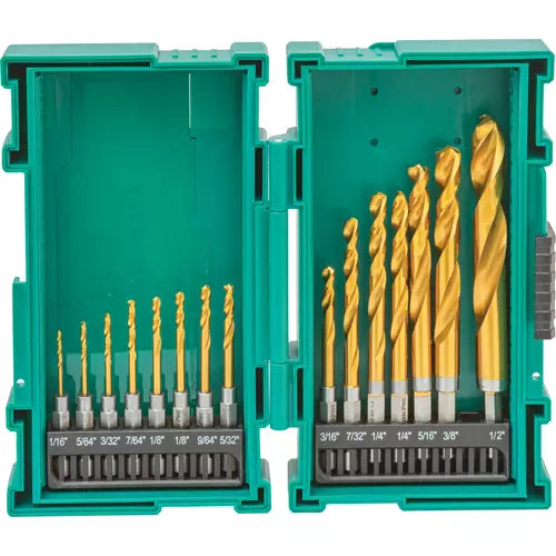 The T33840 M2 HSS TiN-Coated Quick-Release Hex Shank Drill Bit Set, 15 Pc.